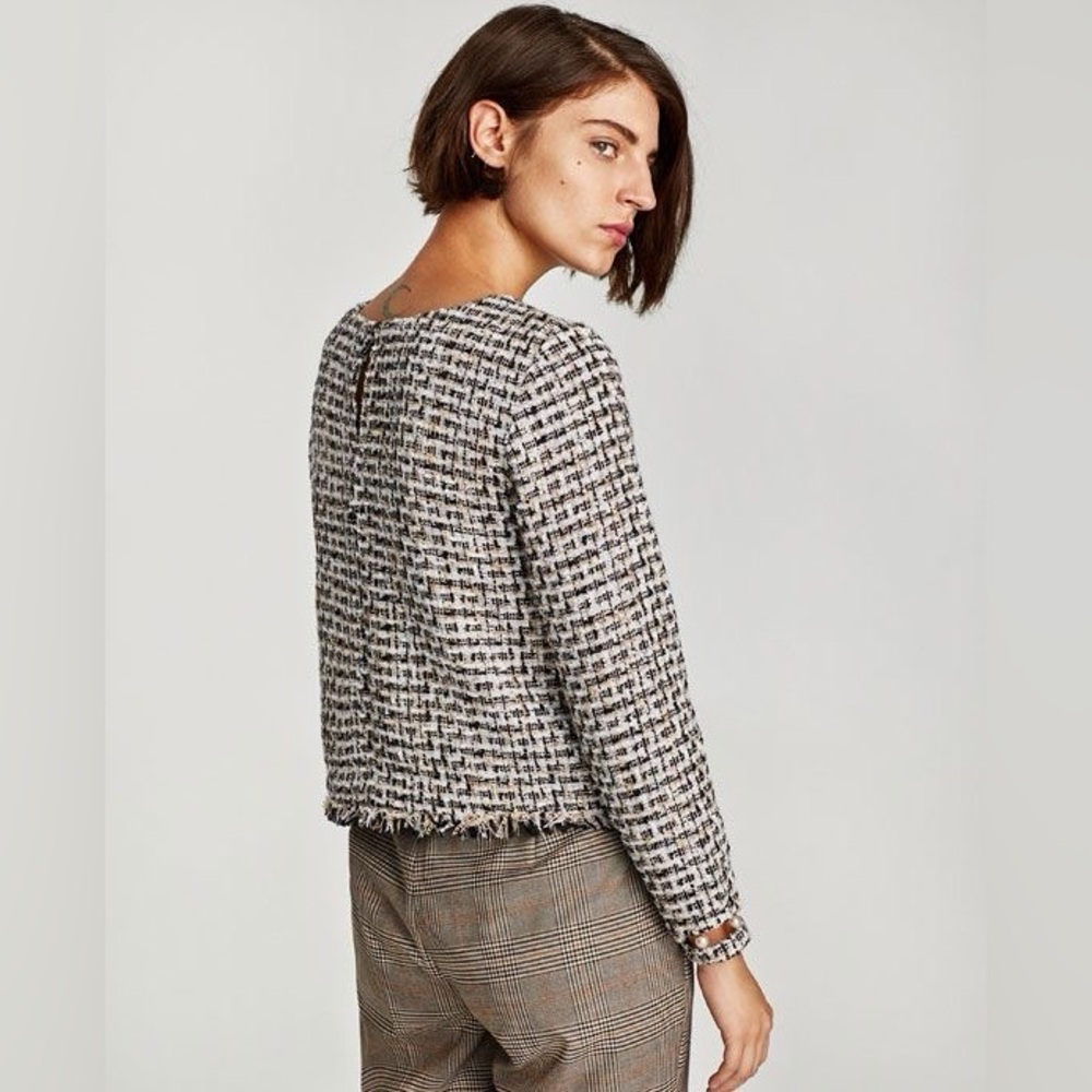 ZARA Boucle Tweed Textured Cropped Jacket Pearl Cuffs Frayed Hem Chic Blazer M